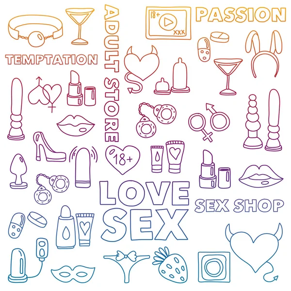 Vector set met seks shop pictogrammen. Erotisch fetish spelletjes achtergrond. — Stockvector