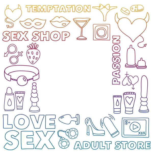 Vector set with sex shop icons. Erotic fetish games background. — Stock Vector