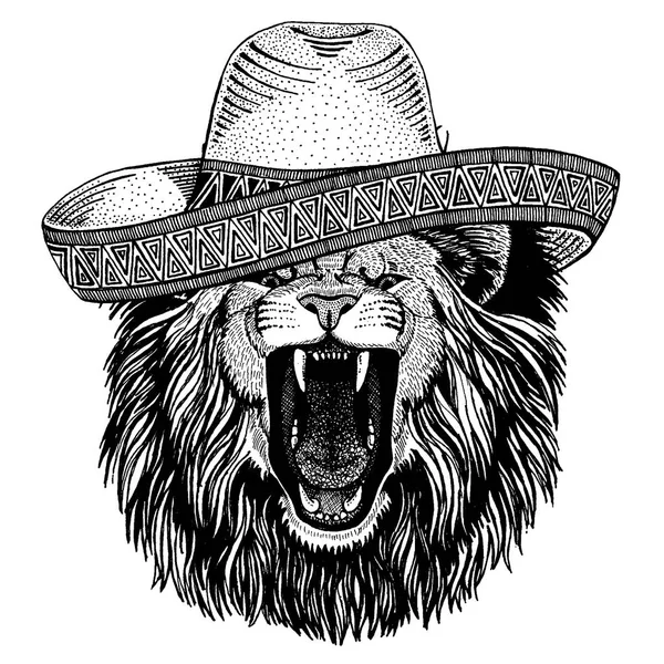 사자 입고 전통적인 멕시코 모자입니다. 고전적인 머리 장식, 축제, 파티. — 스톡 벡터