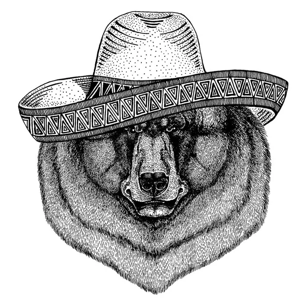 멕시코 전통 모자를 쓰고 검은 곰. 고전적인 머리 장식, 축제, 파티. — 스톡 벡터