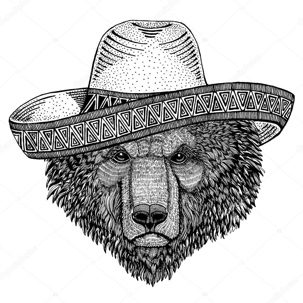 Brown bear Russian bear Hand drawn image for tattoo, t-shirt, emblem, badge, logo, patch