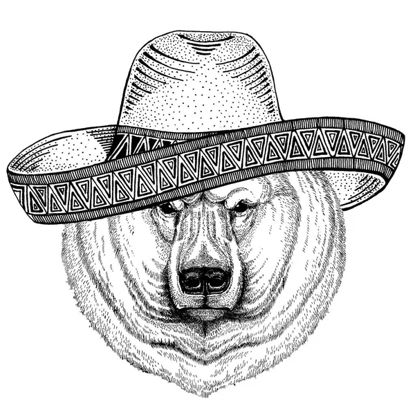 Ploar bear wearing traditional mexican hat. Classic headdress, fiesta, party. — Stock Vector