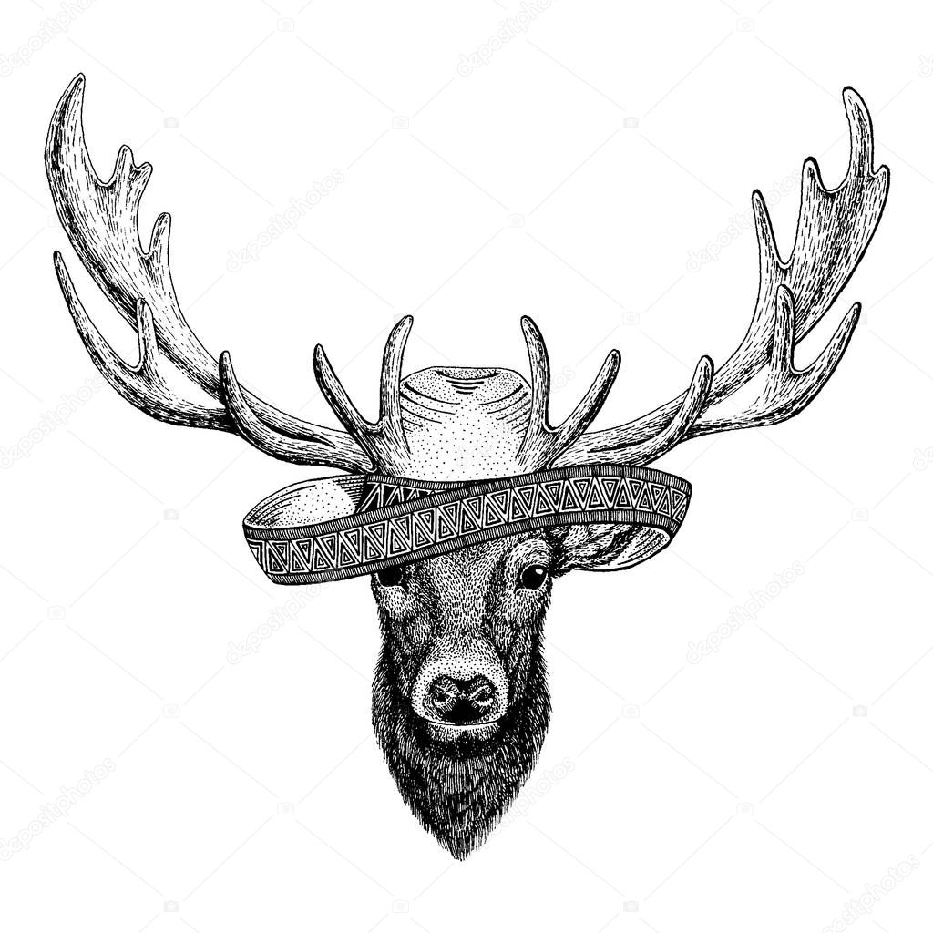 Deer Hand drawn illustration for tattoo, emblem, badge, logo, patch t-shirt