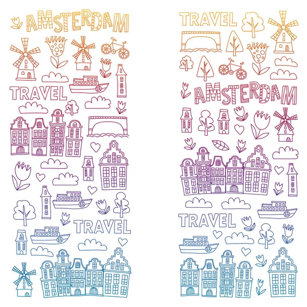 Vektormuster mit holländischen, niederländischen und amsterdam-Symbolen. Doodle-Stil. — Stockvektor