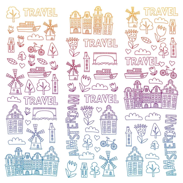 Vector pattern with Holland, Netherlands, Amsterdam icons. Doodle style. — Stock Vector