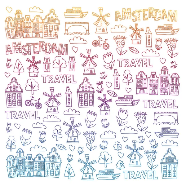 Vector patroon met Holland, Nederland, Amsterdam pictogrammen. Doodle stijl. — Stockvector