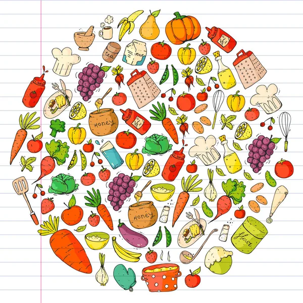 Υγιεινά τρόφιμα και το μαγείρεμα. Φρούτα, λαχανικά, νοικοκυριό. Doodle φορέα που. — Διανυσματικό Αρχείο