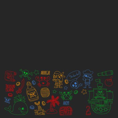 Vektör desen ile korsan kutsal kişilerin resmi. Macera, doğum günü partisi.