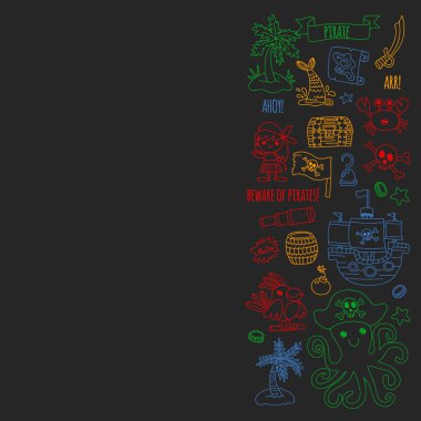 Vektör desen ile korsan kutsal kişilerin resmi. Macera, doğum günü partisi.