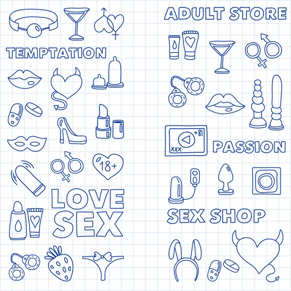 Διάνυσμα σύνολο με sex shop εικονίδια. Φόντο παιχνίδια Ερωτικά φετίχ. — Διανυσματικό Αρχείο