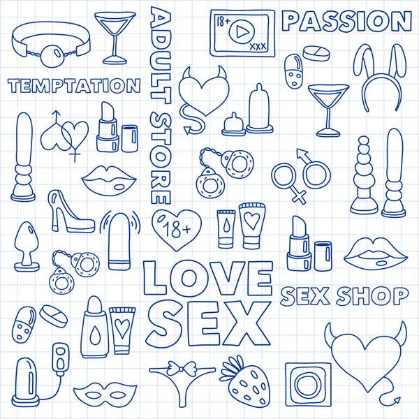 Vector set met seks shop pictogrammen. Erotisch fetish spelletjes achtergrond. — Stockvector