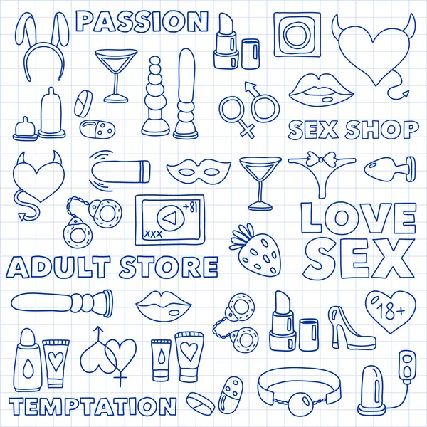 Conjunto de vetores com ícones de sex shop. Erotic fetiche jogos fundo . — Vetor de Stock
