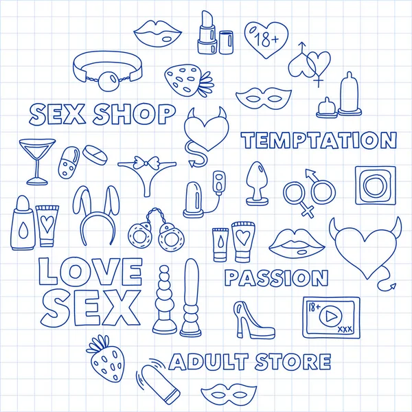 Vektör seks shop kutsal kişilerin resmi ile ayarla. Erotik fetiş Oyunlar arka plan. — Stok Vektör