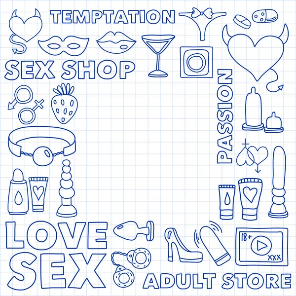 Vector set with sex shop icons. Erotic fetish games background. — Stock Vector