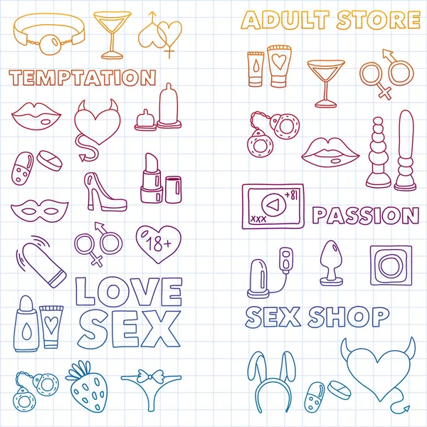 Vector set met seks shop pictogrammen. Erotisch fetish spelletjes achtergrond. — Stockvector