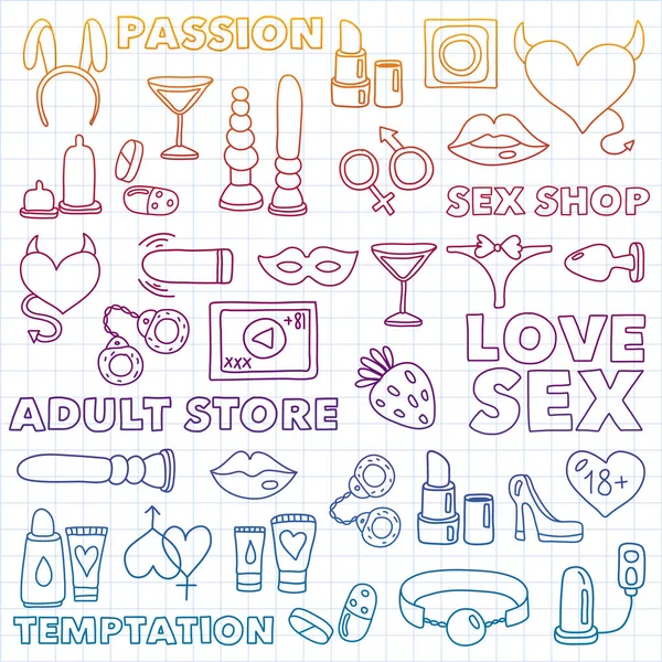 Vector set met seks shop pictogrammen. Erotisch fetish spelletjes achtergrond. — Stockvector