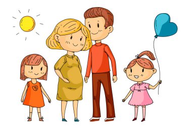 Hamile kadın ve küçük çocuklar ile Karikatür aile.