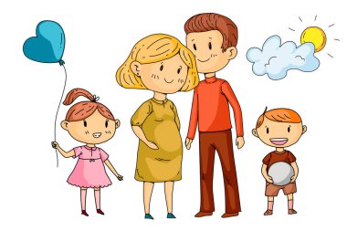 Hamile kadın ve küçük çocuklar ile Karikatür aile.