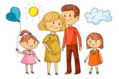Hamile kadın ve küçük çocuklar ile Karikatür aile.