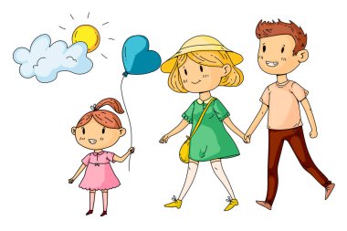 Küçük çocuklarla parkta yürüyen mutlu bir aile.