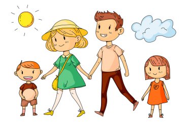 Küçük çocuklarla parkta yürüyen mutlu bir aile.