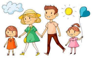 Küçük çocuklarla parkta yürüyen mutlu bir aile.