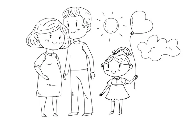 Cartoon familie met zwangere vrouw en kleine kinderen. — Stockvector