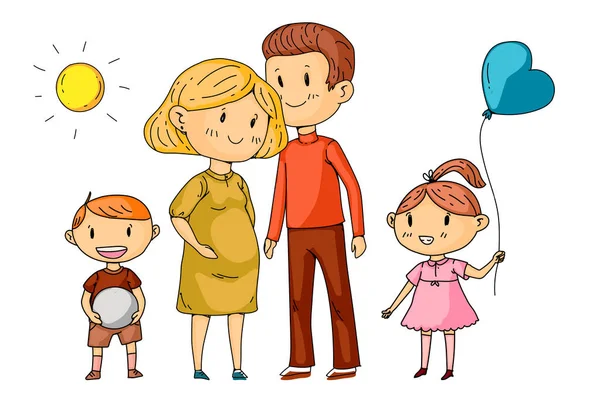 Cartoon rodziny z kobietą ciężarną i małymi dziećmi. — Wektor stockowy