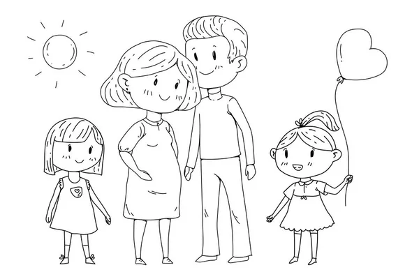 Família dos desenhos animados com mulher grávida e crianças pequenas . — Vetor de Stock