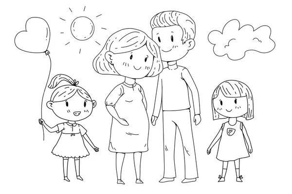 Familia de dibujos animados con mujeres embarazadas y niños pequeños . — Vector de stock