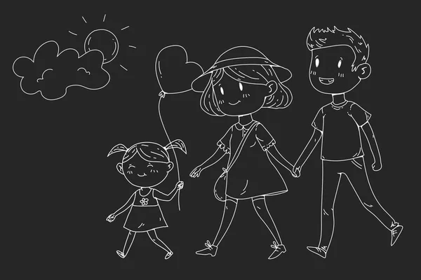 Young happy family walking in park with little children — Stock vektor