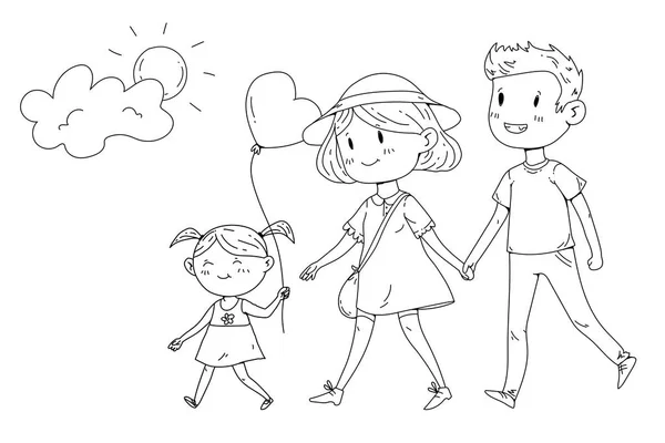 Mladá šťastná rodina procházky v parku s malými dětmi — Stockový vektor