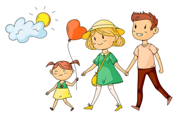 Νεαρή ευτυχισμένη οικογένεια περπατά στο πάρκο με μικρά παιδιά — Διανυσματικό Αρχείο