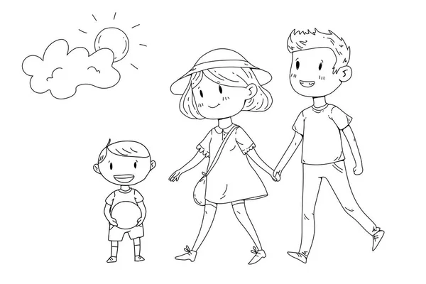 Joven familia feliz caminando en el parque con niños pequeños — Vector de stock