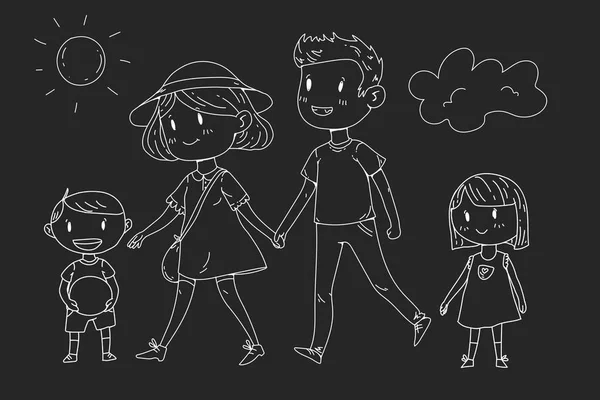 Joven familia feliz caminando en el parque con niños pequeños — Vector de stock