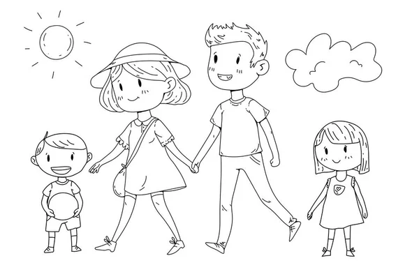 Küçük çocuklarla parkta yürüyen mutlu bir aile. — Stok Vektör