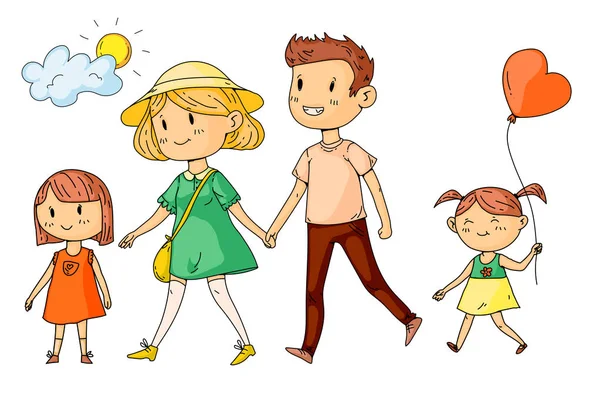 Młoda szczęśliwa rodzina spacerująca w parku z małymi dziećmi — Wektor stockowy