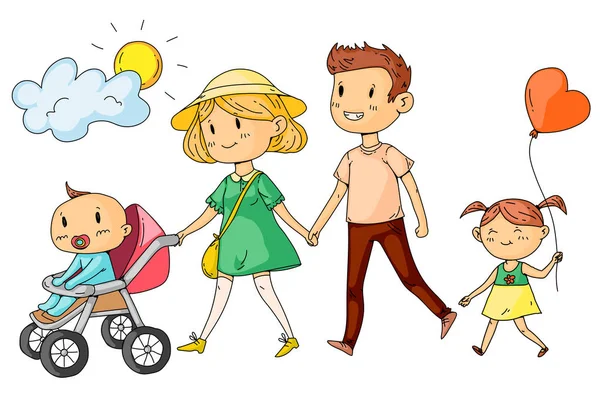 Joven familia feliz caminando en el parque con niños pequeños — Archivo Imágenes Vectoriales