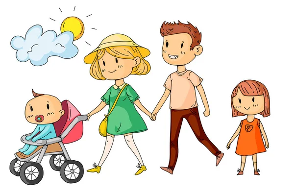 Joven familia feliz caminando en el parque con niños pequeños — Vector de stock