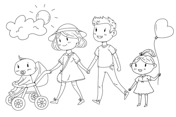 Young happy family walking in park with little children — 스톡 벡터