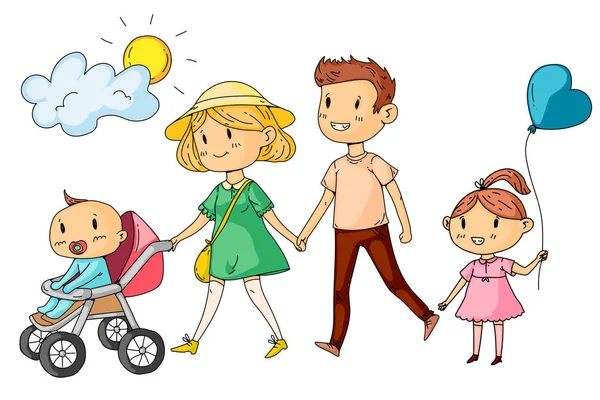 Młoda szczęśliwa rodzina spacerująca w parku z małymi dziećmi — Wektor stockowy