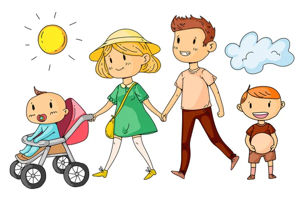 Молода щаслива родина, що гуляє в парку з маленькими дітьми — стоковий вектор