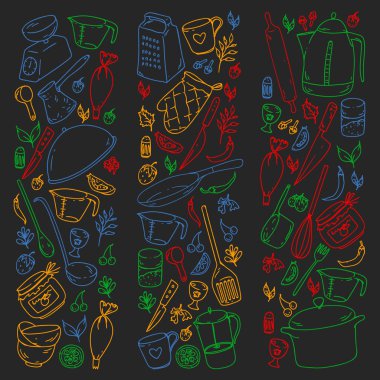 Aşçılık dersi. Menü. Mutfak gereçleri, mutfak eşyaları. Gıda ve mutfak simgeleri.