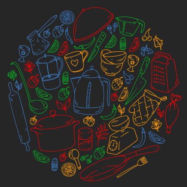 Aşçılık dersi. Menü. Mutfak gereçleri, mutfak eşyaları. Gıda ve mutfak simgeleri.