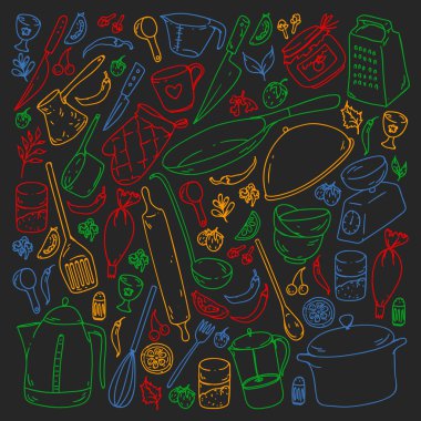 Aşçılık dersi. Menü. Mutfak gereçleri, mutfak eşyaları. Gıda ve mutfak simgeleri.