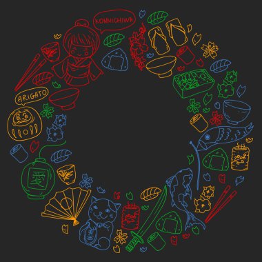 Japonya. Japon geleneksel öğeleri ile vektör desen. Fuji Dağı, sacura çiçekler, origami.