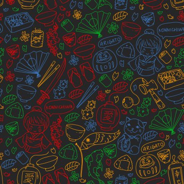 Japonya. Japon geleneksel öğeleri ile vektör desen. Fuji Dağı, sacura çiçekler, origami.