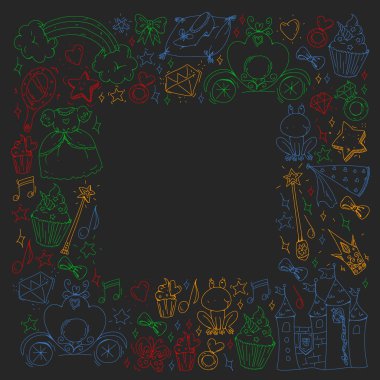 Doğum günü partisi Prenses tarzı. Farklı öğeleri vektör kümesi küçük kızlar için. Paket kağıdı, duvar kağıdı.