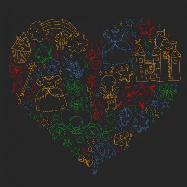 Doğum günü partisi Prenses tarzı. Farklı öğeleri vektör kümesi küçük kızlar için. Paket kağıdı, duvar kağıdı.