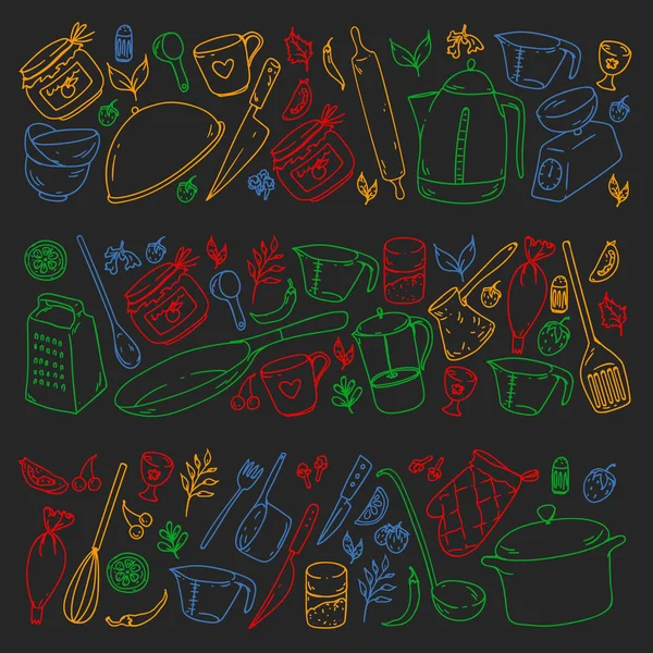 Clase de cocina. Menú. Utensilios de cocina, utencils. Iconos de comida y cocina . — Vector de stock